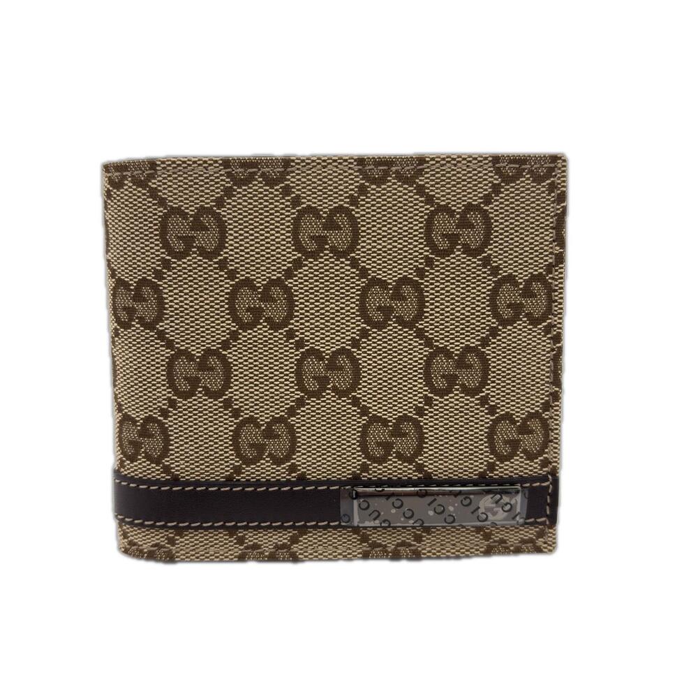 Gucci GG Bi fold Wallet Beige Cream Dark Brown Canvas Leather
